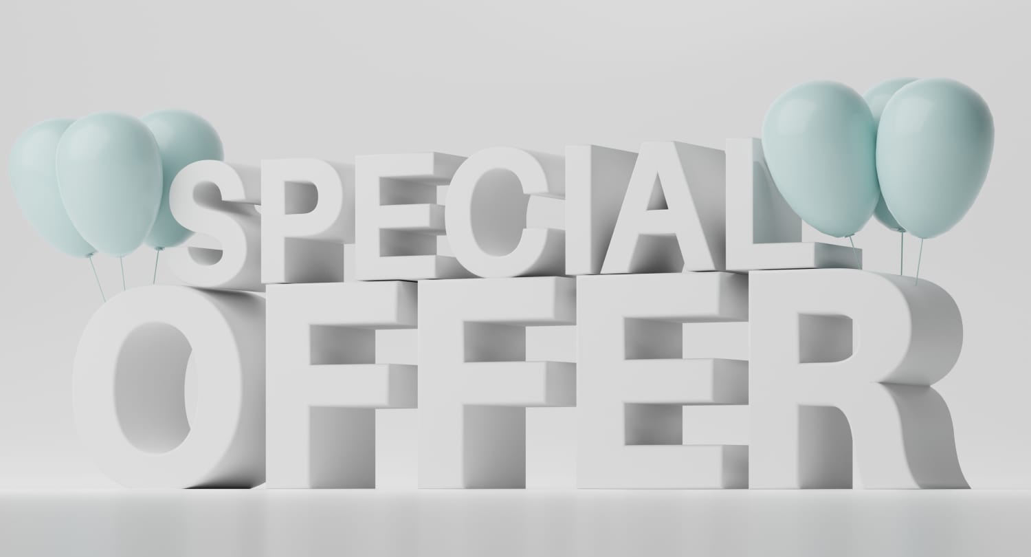 3D white text reading “Special Offer” with light blue balloons on each side, promoting discounts or sales.